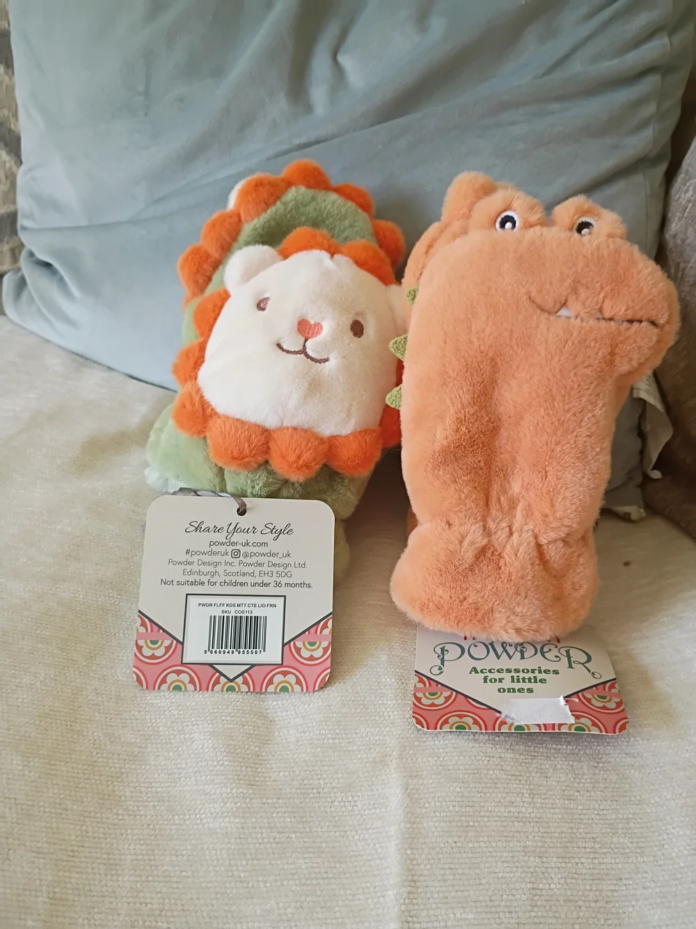 Plush Orange Kids Mittens - Soft Fleece Dino By powder